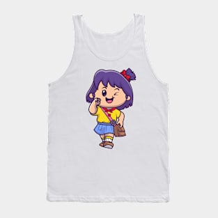 Cute Girl Going To School Cartoon Tank Top